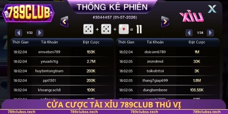 Cửa cược tài xỉu 789CLUB thú vị